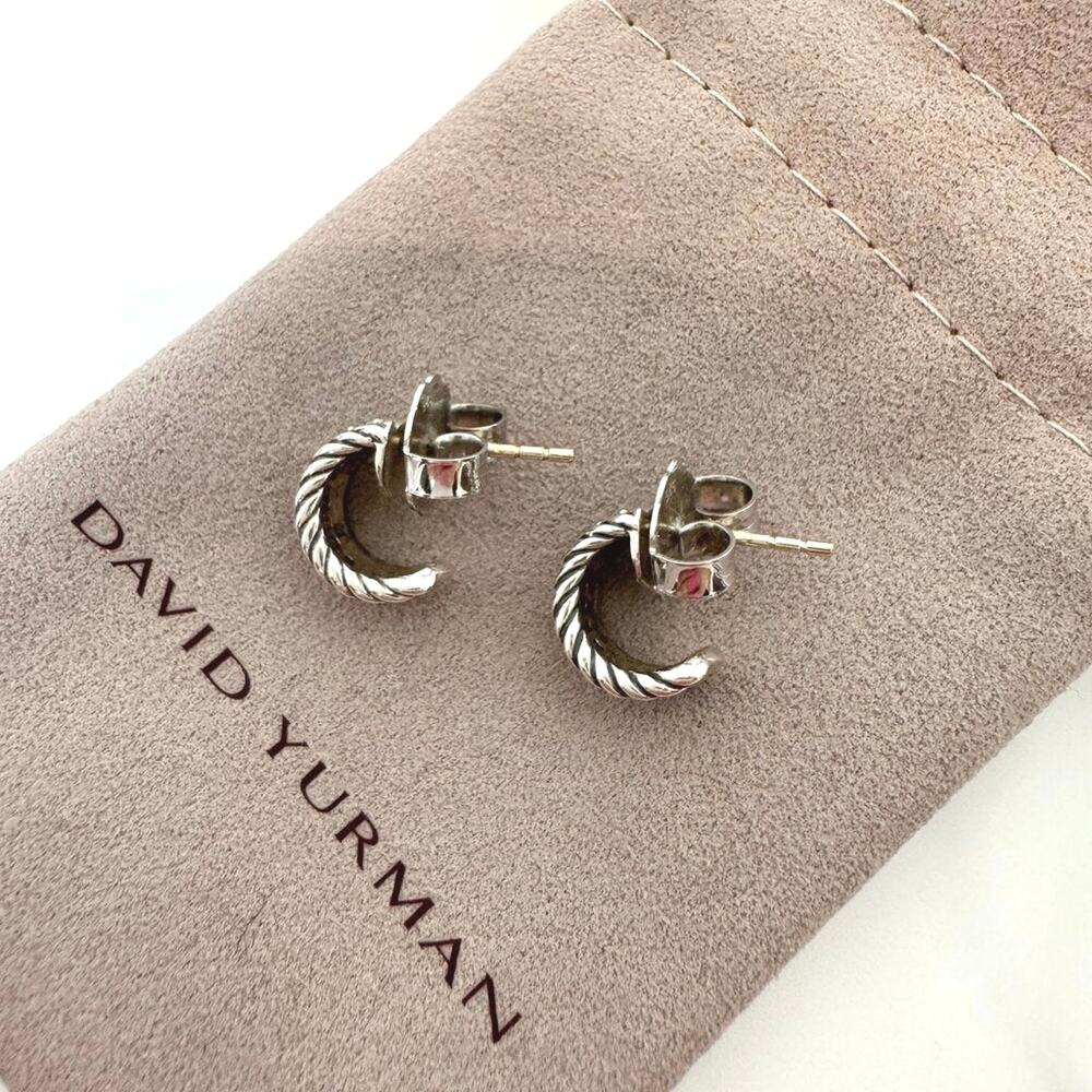 DAVID YURMAN Silver Cable Classic Huggie Earrings Pave Diamonds DY 925 Jewelry